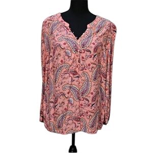 Talbots 100% Rayon V-neck Paisley Peasant Top Pink Blue Size XL